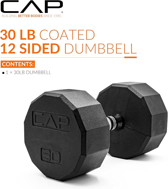 CAP Rubber Coated Dumbbell Weights, Free Weights for Home Gym Strength Training, Anti-Roll Hex Dumbbells with Black, Chrome & Comfort Grip Handles, Singles