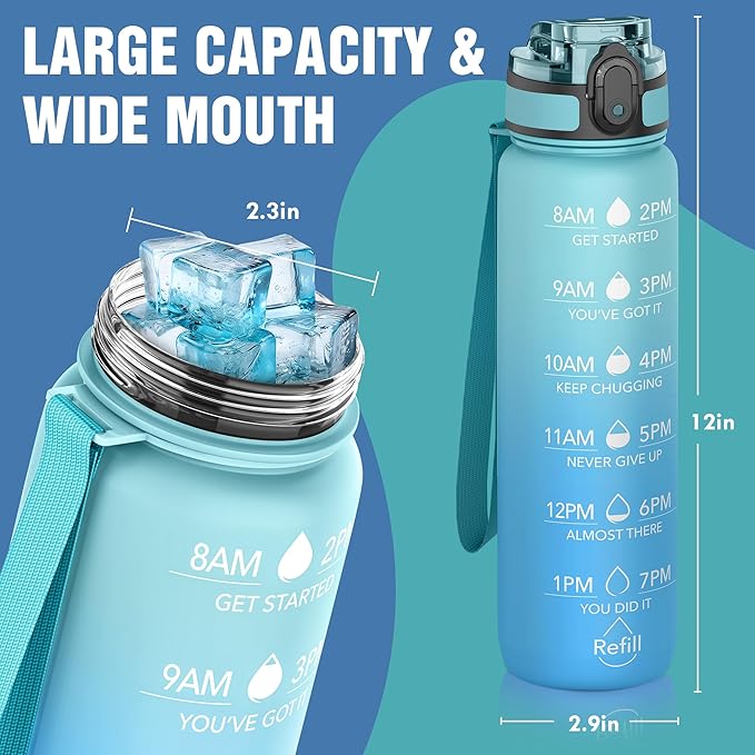 OLDLEY Water Bottle, 32oz Motivational Sports Water Bottle with Time Marker - Times to Drink - Tritan, BPA Free, Wide Mouth Leakproof,Luca
