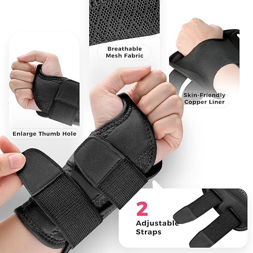 Copper Carpal Tunnel Wrist Brace, Adjustable Wrist Support Splint for Night Sleep & Daytime Working, Hand Braces Pain Relief for Arthritis, Tendonitis, Sprain, Men & Women(Left Hand-Black, L/XL)