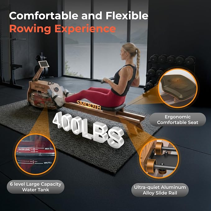 Water Rowing Machine for Home Use, WENOKER Wooden Foldable Rower Machine with Dedicated Monitor & Bluetooth APP
