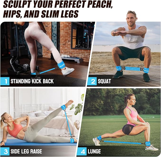 KUZARO Ankle Resistance Bands with Cuffs, Ankle Weights Bands for Working Out, Women Leg and Glutes Workout Equipment, Exercise Bands for Kickbacks, Butt and Booty Trainer, Home Gym Fitness Equipment