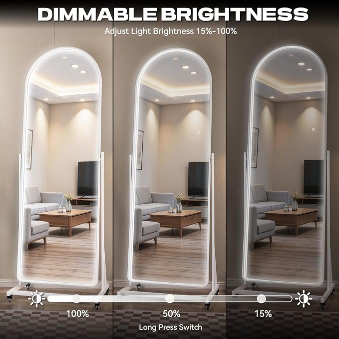 77"x26" Arched LED Full Length Rolling Mirror, Swivel | Tempered glass & metal frame, tilting & lockable wheels, 3-color dimmable LED, for bedroom, dressing room, gym & decor.