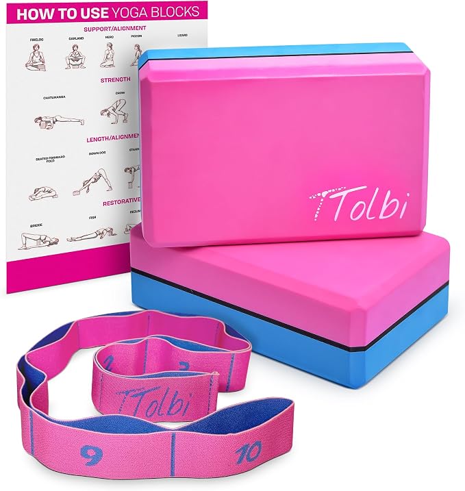 Yoga Blocks 2 Pack with Strap and Guide – Soft Non-Slip EVA Foam Blocks | High-Density Pilates Blocks for Home Workouts, Dance, Ballet, Gymnastics & Stretching Exercise, Dance Accessories and Gifts