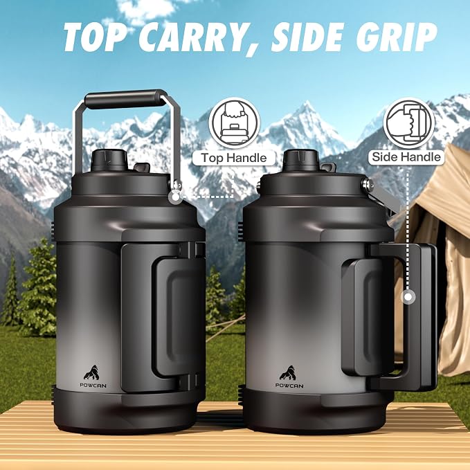 POWCAN 128 oz Insulated Water Bottle: 2-in-1 Straw Spout Lid, Dual Handle, Leakproof, Keep Cold 48H, Gallon Stainless Steel Water Jug for Camping, Travel, Gym, Hydration, Fitness, Daily (Obsidian)