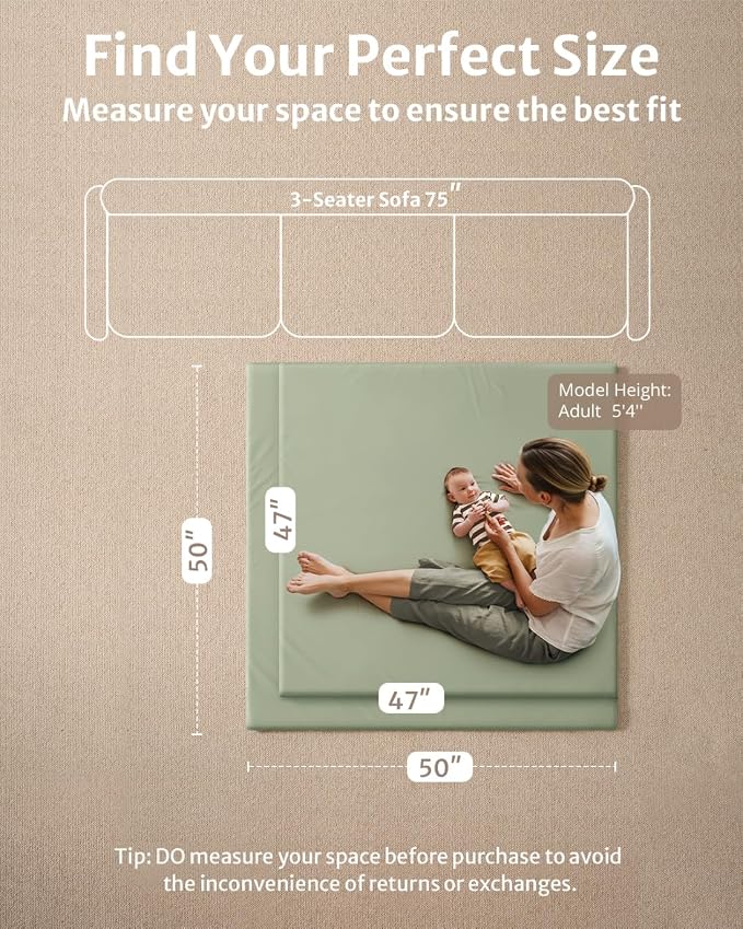 Blissful Diary Vegan Leather Baby Play Mat, 50''x50'', Light Green | thick cushion, safe and soft fabric, waterproof and wip clean, indoor use, non-slip bottom, stylish mordern decor