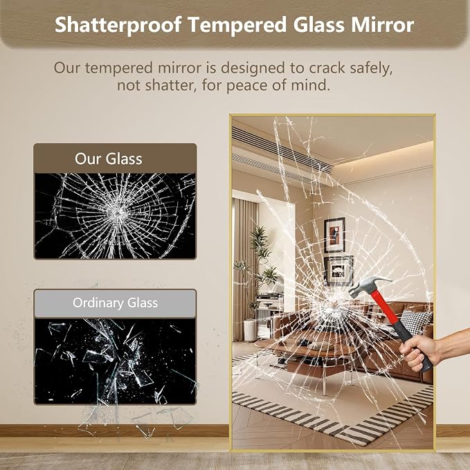 Mirrorons 76"x44" Oversized Full Length Mirror, Floor Standing or Wall Mounted with Hanging Kit, Shatterproof Tempered Glass Mirror for Living Room, Bedroom, Dressing Room, Gym (Gold)