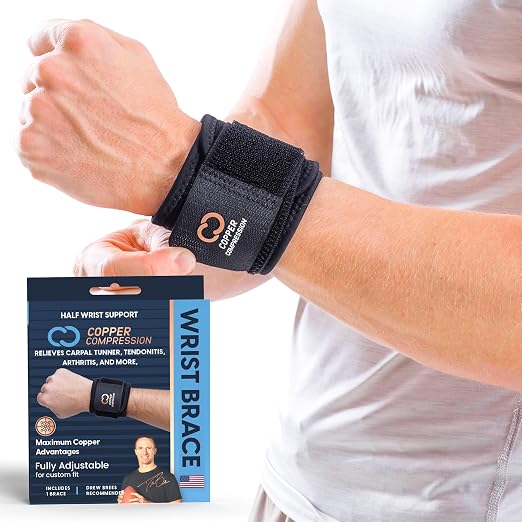 Copper Compression Wrist Wraps (2 Pack) – Adjustable Copper Infused Wrist Support for Weightlifting, Workouts, Injury Recovery, Carpal Tunnel, Tendonitis, and Pain Relief – Breathable and Comfortable Straps