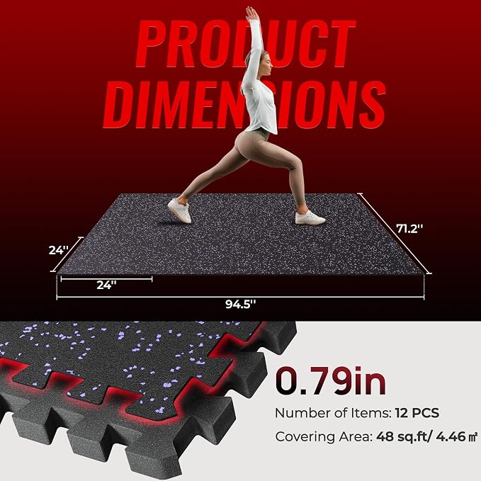 SUPERJARE 0.79'' Extra-Thick Exercise Equipment Mats, 12 Pcs 48 Sq Ft Rubber Top Floor Tiles with High Density EVA Foam, Interlocking Gym Flooring for Home Gym, Protective Workout Mat, Black/Purple