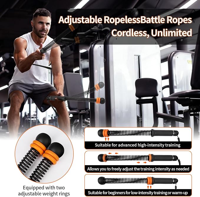 Ropeless Battle Rope, Portable Adjustable Strength Training for Home Gym | Quiet Apartment Friendly, Upgraded Cordless Heavy-Duty Weighted, Full Body HIIT Workout with Storage Bag for Men and Women