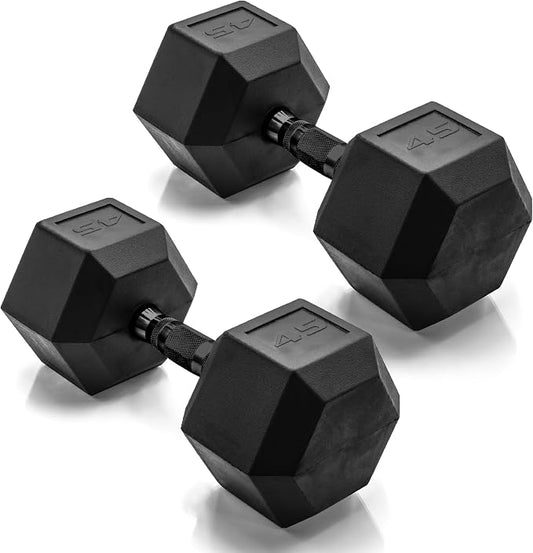 CAP Rubber Coated Dumbbell Weights, Free Weights for Home Gym Strength Training, Anti-Roll Hex Dumbbells with Black, Chrome & Comfort Grip Handles, Pairs & Sets