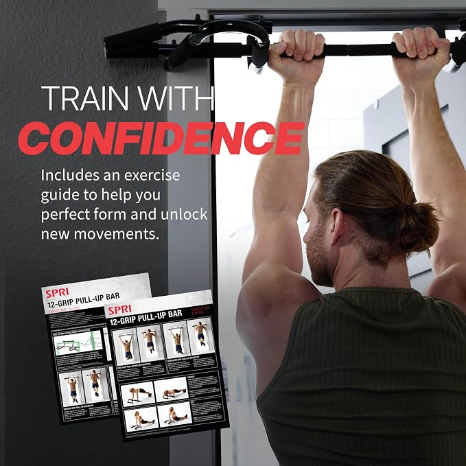 SPRI Pull Up Bar - 8-Grip and 12-Grip Door Frame Mounting Pull-Up Bar for Versatile Workouts - Rugged Steel Frame with Foam Handles - Supports 300 Pounds - Fits Door Frames Up to 32 in. Wide – Black