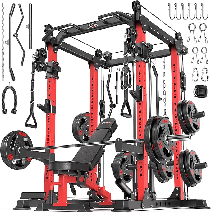 Power Rack Power Cage Multi-Function Squat Rack with Cable Crossover System Selectable More Training Attachment Power Rack for Garage & Home Gym