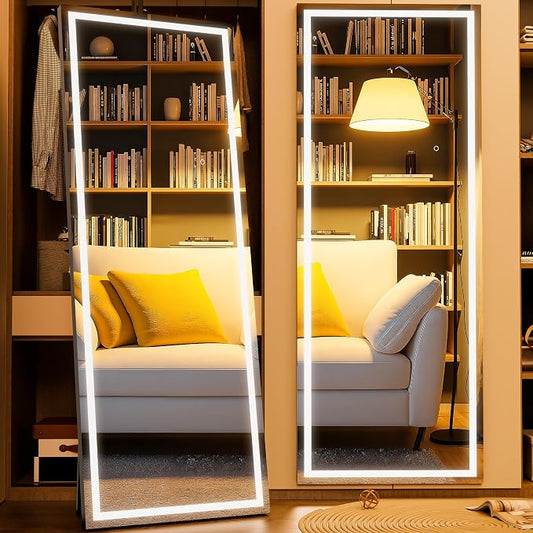 71" x 24" Full Length Mirror with Lights, LED Lighted Floor Standing Body Mirror, Dimmable & 3 Color Lighting for Bedroom, Cloakroom, Dressing Room, Tempered Glass, Black Frame