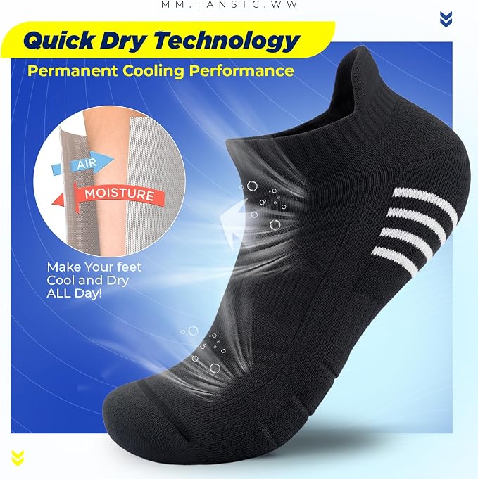 TANSTC Athletic Running Ankle Socks for Men Women, Cushioned Low Cut Sport Tab Socks, 6 Pack