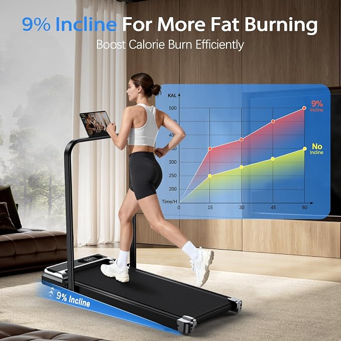 Walking Pad Treadmill for Home - 3.0HP Tread Mills with with 9% Incline, Compact Walk Pad Running Machine Handle Bar Indoor Foldable for Small Spaces Under Desk Office