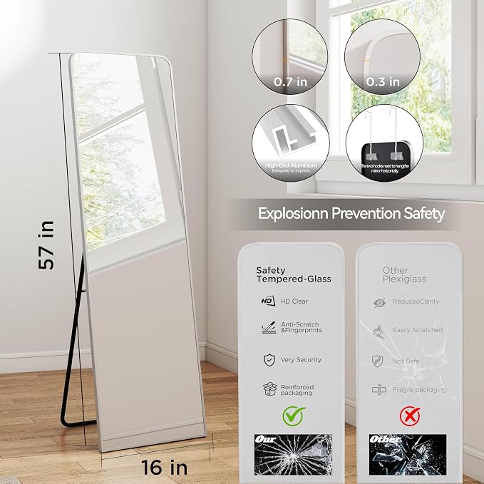 SCWF-GZ 57x16 Full Length Mirror Over The Door Hanging, Floor Stand/Wall Mounted Aluminum Alloy Frame Dressing Mirror for Bedroom Living Room 57 inch Silver