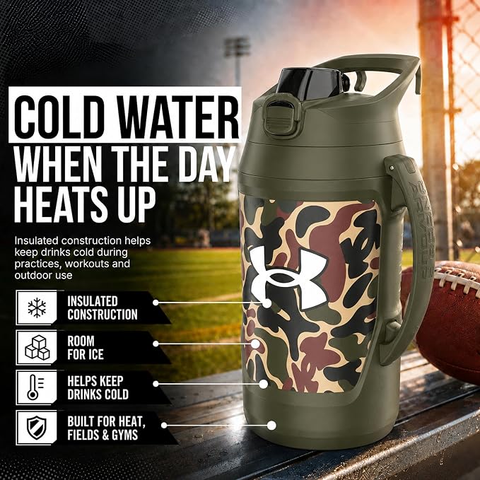 Under Armour Insulated Water Bottle with Handle & Fence Hook, Half Gallon Sports Water Jug, Leak-Resistant & BPA-Free for Baseball, Football & Gym - Green Hyper Camo, 64oz
