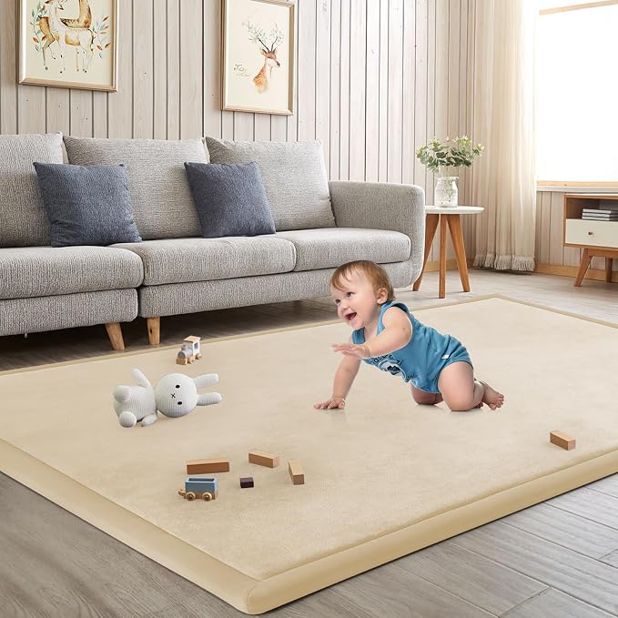 Baby Play Mat for Floor Nursery Rug Muscle Mat Area Rug Playroom Rug Playpen Mat Elastic Foam 1.3" Thick Crawling Mat for Babies,Toddlers, Infants, Kids 79"x118",A Beige
