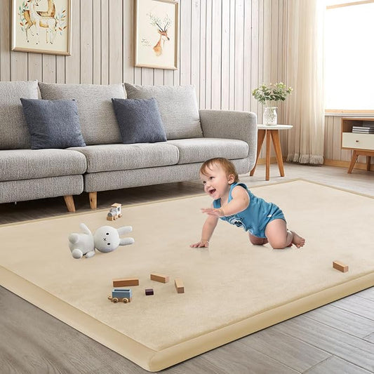 Baby Play Mat for Floor Nursery Rug Muscle Mat Area Rug Playroom Rug Playpen Mat Elastic Foam 1.3" Thick Crawling Mat for Babies,Toddlers, Infants, Kids 79"x118",A Beige