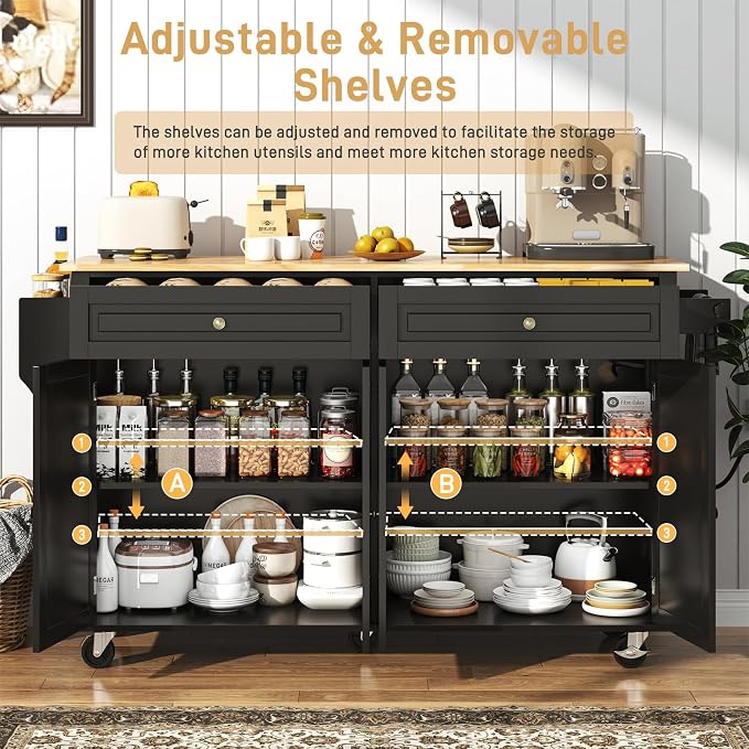 Hlivelood 63" Movable Kitchen Island with Drop Leaf and Power Outlet, Rolling Island Cart w/Storage Cabinet, Island Table on Wheels for Kitchen w/2 Drawers, Spice Rack, Towel Bar, Garage Hook, Black