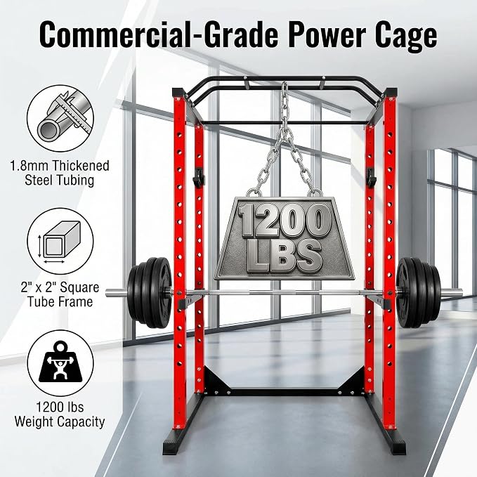 1200lbs Heavy Duty Power Cage, Black Squat Rack with Safety Bars, Adjustable J-Hooks and Safety Arms, Power Rack System for Home Gym, Weightlifting and Cross Training