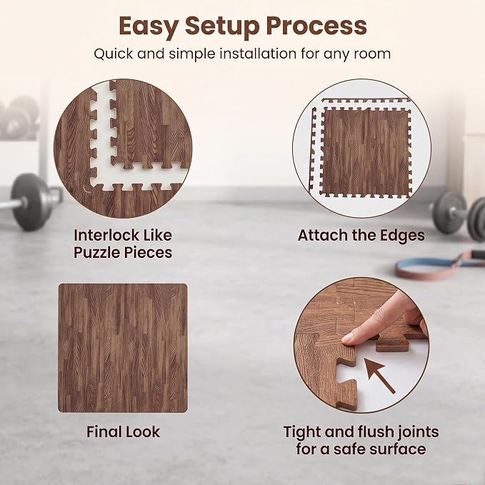 Giantex 25 Pcs Faux Wood Grain EVA Foam Tiles, 24"x24" Interlocking Floor | 100 Sq. Ft Puzzle Exercise Mats with 50 Borders, 0.4" Thick Waterproof Anti-Slip Flooring for Home Gym, Basement, Dark Walnut