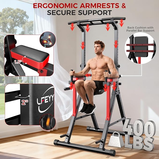 Power Tower Pull Up Bar Free Standing,Multi-Level Adjustable Height Dip Station, Multi-Grip Handles,Backrest,Home Gym Strength Training Equipment with Power Elastic Ropes,Capacity 400LBS