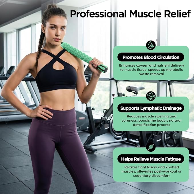 Muscle Roller & Massage Roller Stick for Athletes - Lymphatic Drainage Support, Relieves Muscle Soreness, Cramping & Tightness - Targets Legs, Arms, Back & Calves （Mint Green Wheel）