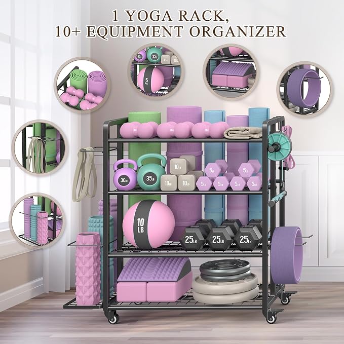 4-Tier Weight Rack for Home Gym with Wheels and Hooks | Adjustable Gym Storage Rack for Dumbbells Kettlebells Yoga Mat, All-in-One, Space Saving, Heavy Duty Steel, Easy to Assemble