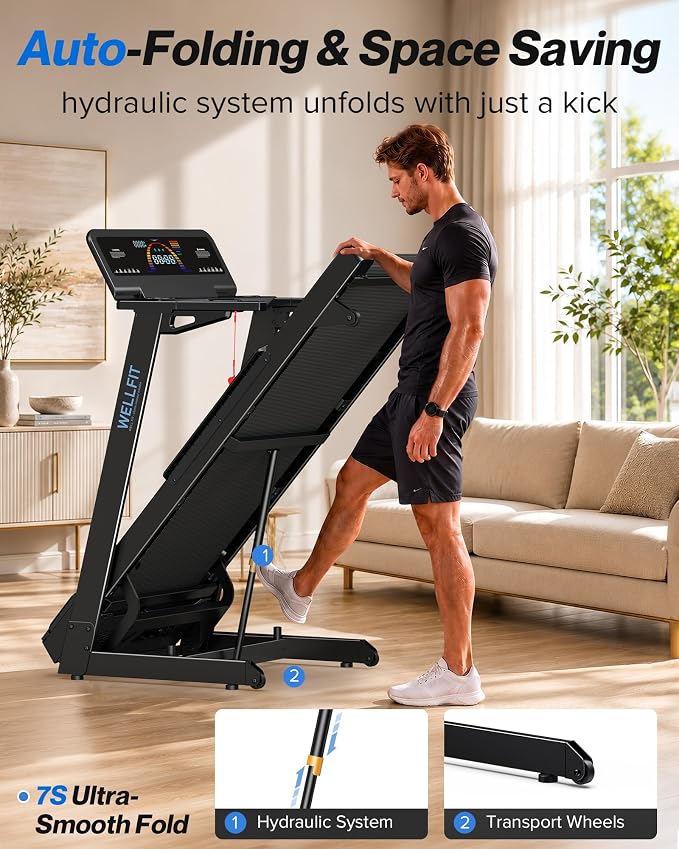WELLFIT Treadmill with 15% Auto Incline, Foldable Heavy Duty Treadmill | 5.0HP, 10 MPH, 500 lbs Capacity, 20'' x 50'' Running Area Treadmills with Pulse Sensor, Bluetooth Player & Large LED Display