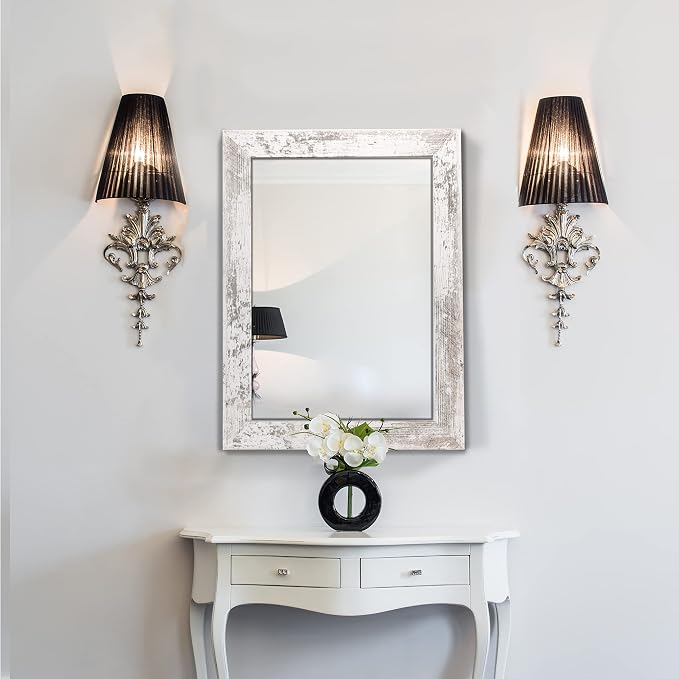 Syndra Rectangular Mirror with Frame Rustic 20x28‘’ Wall Mounted Rustic Vanity Mirror with Large Wood Frame Farmhouse Bathroom Mirror, for Bedroom, Living Room, Entryway Wall Decor(White)