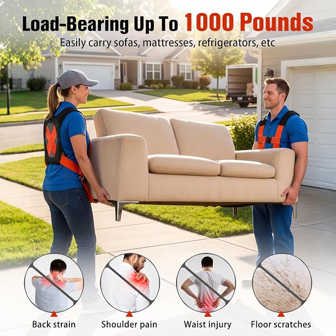 2-Person Lifting and Moving System—Anti-Slip Heavy Duty Moving Straps, Adjustable Shoulder Lifting Carrying Straps for Moving Furniture, appliances, and mattresses