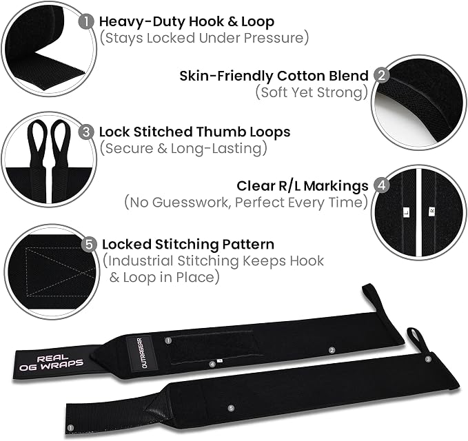 18" OG-Grade Wrist Wraps for Weightlifting – Heavy Duty Wrist Support with Thumb Loop & Lockdown Strap – Wrist Straps for Powerlifting, Bench Press & Gym Training