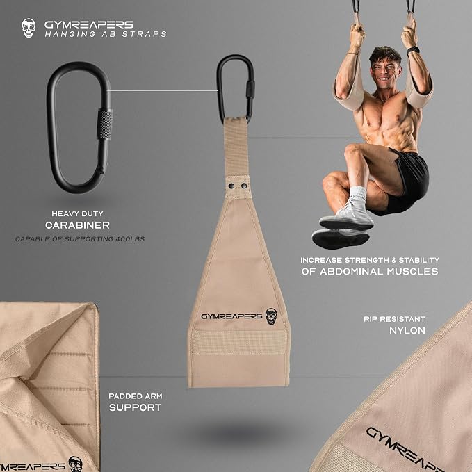 Gymreapers Hanging Ab Straps for Pull-Up Bar - Hang Bar Assist Strap & Strength Workout Equipment, Padded Adjustable Arm Supports with 2 Steel Carabiners for Leg Raises, Abdominal & Core Training