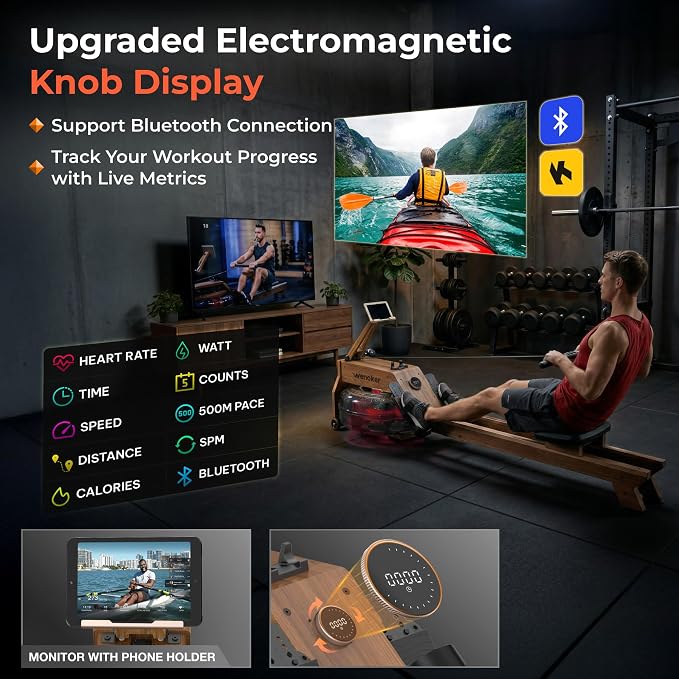 Water Rowing Machine for Home Use, WENOKER Wooden Foldable Rower Machine with Dedicated Monitor & Bluetooth APP