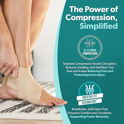 BraceAbility Ankle Compression Sleeve, Ankle Support Brace for Sprained Ankle, Swelling, Tendonitis, Foot Compression Wrap for Running, Ankle Support for Women and Men (Medium - Beige)