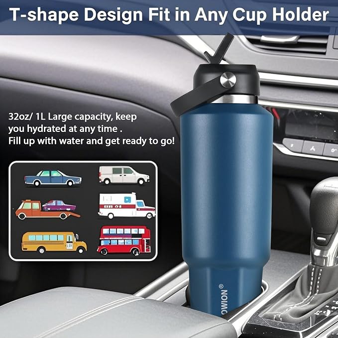 HYDROWION 40 oz Insulated Water Bottle, Car Water Bottle Holder - Double Wall Vacuum Insulated Travel Bottle with Straw Lid, Spout Lid and Flex Cap - Cold for 24H, Hot for 12H, Cobalt