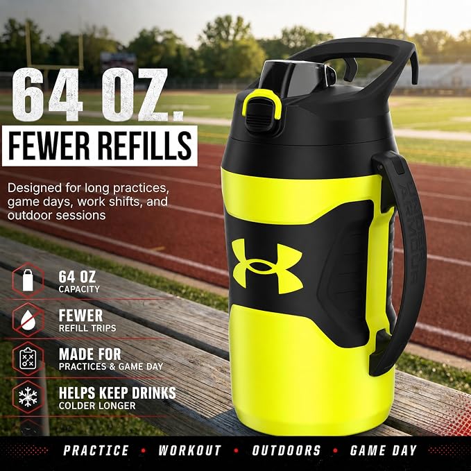 Under Armour Insulated Water Bottle with Handle & Fence Hook, Half Gallon Sports Water Jug, Leak-Resistant & BPA-Free for Baseball, Football & Gym - Hi Vis Yellow/Black, 64oz