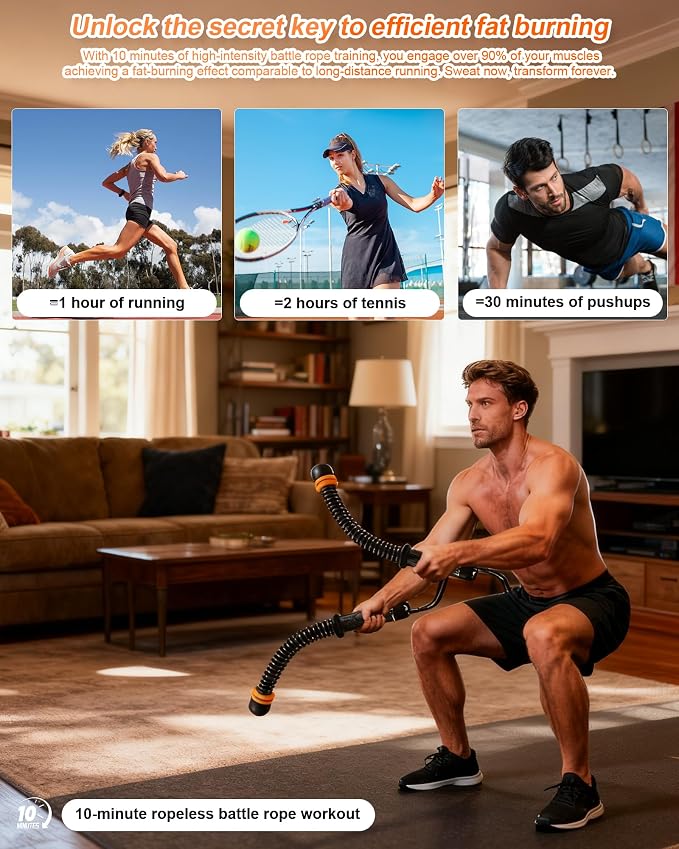 Ropeless Battle Ropes, Adjustable Portable Workout Equipment for Home Gym | Spring-loaded resistance; weighted end balls; textured nonslip grips; secure wrist straps; controlled rebound with each swing
