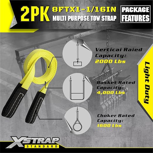 XSTRAP STANDARD 2PK 1''x 8FT Lift Sling Web Strap/Wear Guard End, Heavy Duty Flat Eye Lifting Sling with 2 Reinforced Loops for Tree Saver Lifting Furniture Appliances Machine | 4,000 lbs Break Strength Lifting Straps with 2 Reinforced Loops for Tree S...