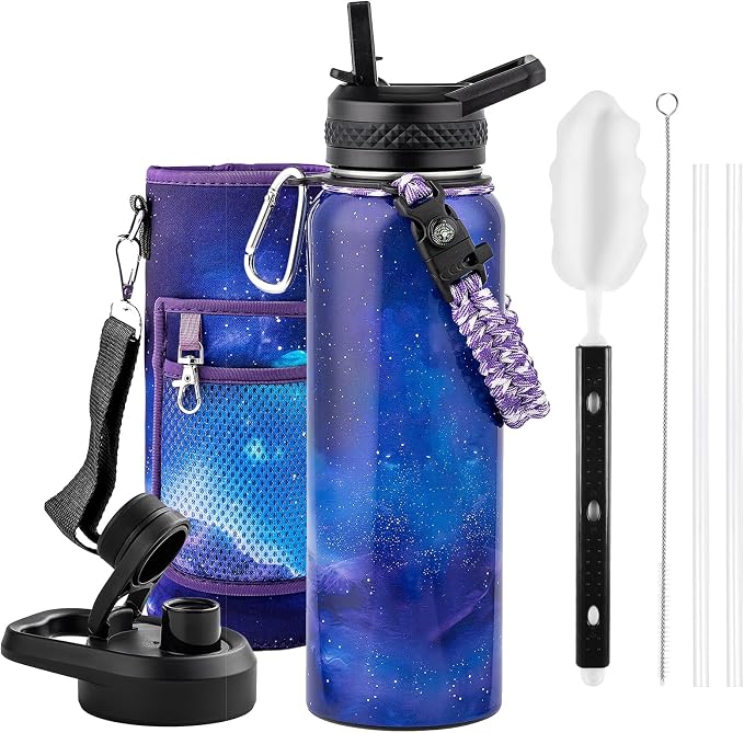 RAYMYLO Insulated Water Bottle 40 oz, Triple Wall Vacuum Stainless Steel | (Cold for 36Hrs, Hot for 18Hrs), Leak Proof & Non-BPA, Modern Water Flask Jug with Paracord Handle & Straw Spout Lids