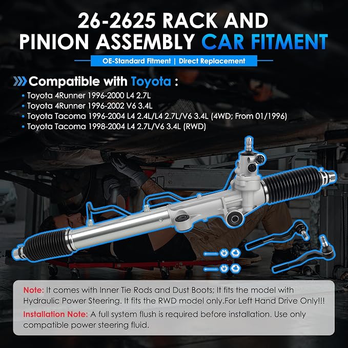 26-2625 Hydraulic Power Steering Rack and Pinion Fit for Toyota Tacoma 1996-2004, 4Runner 1996-2002 Automotive Replacement Rack & Pinion Assembly with Outer Tie Rod Ends 4420060022 4420035013