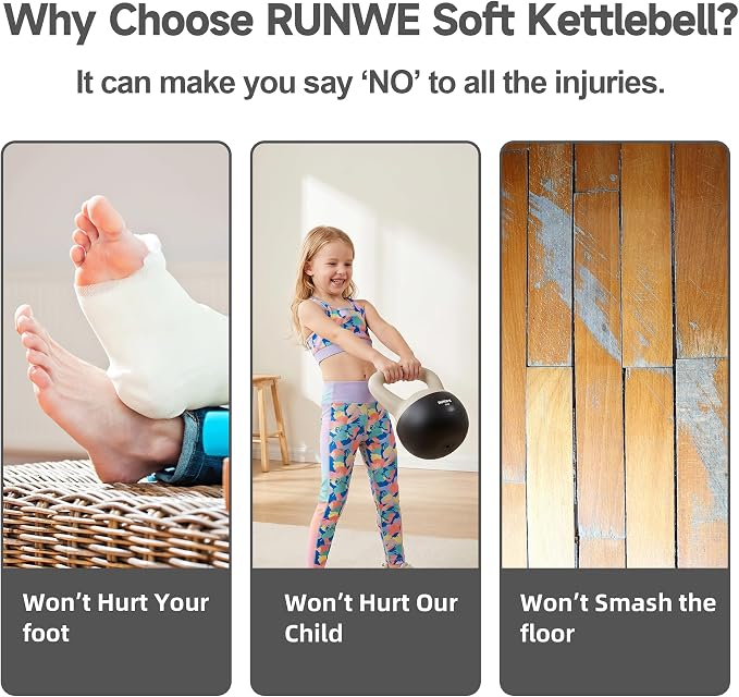 RUNWE Soft Kettlebell 5lb 10lb 15lb 20lb 25lb 30lb, Sand Filled Quiet Floor-Friendly Kettlebell, Anti-Slip Home Gym Fitness Equipment for Apartment Postpartum Recovery, Safety for Women Men & Beginner