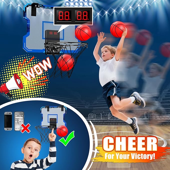 Indoor Basketball Hoop for Kids with Electronic Scoreboard, Over The Door Mini Basketball Hoop with 4 Game Modes, Breakaway Rim, 3 Balls & Pump, Basketball Toy Gift for Boys Girls Ages 6-12
