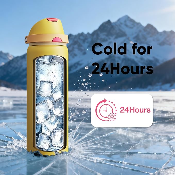 Insulated Water Bottle with Straw - Encool Stainless Steel Water Bottle with Push Button Lid, Leak-Proof & BPA-Free, Keeps Cold for 24 Hours for Sports, Travel, Gym (32 oz, Ginger)
