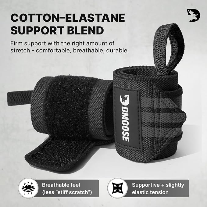 DMoose Fitness Wrist Wraps for Weightlifting 18" - Heavy Duty Gym Wrap with Hand Thumb Loop for Support & Pain Relief, USPA Approved Powerlifting, Weight Lifting Wrist Straps for Men & Women Work Out