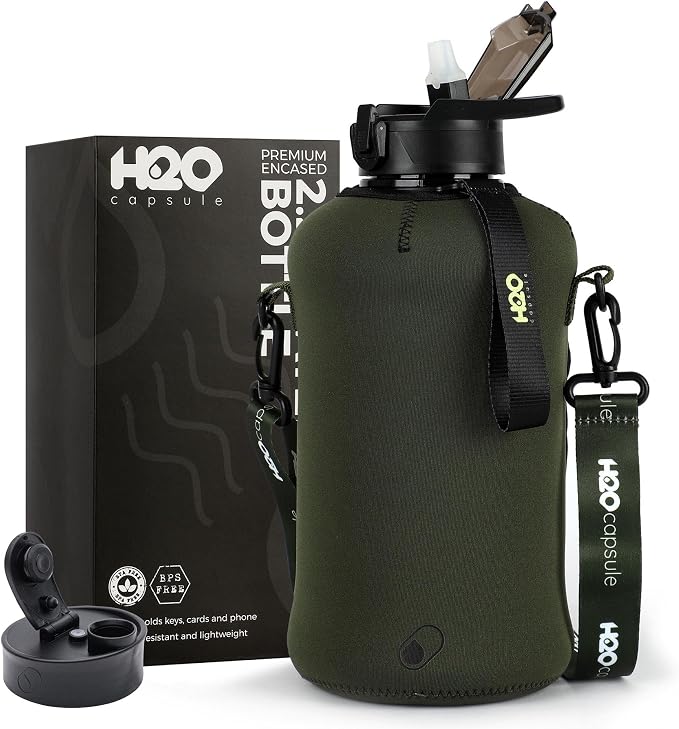 H2O Capsule 2.2L Half Gallon Water Bottle with Storage Sleeve and Covered Straw Lid – BPA Free Large Reusable Drink Container with Handle - Big Sports Jug, 2.2 Liter (74 Ounce)