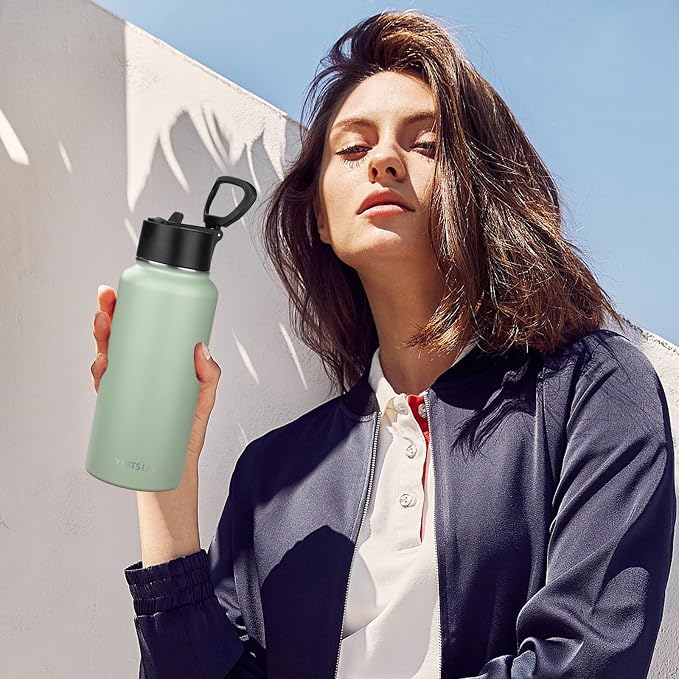 Insulated Water Bottle With Straw,32 oz Vacuum Insulated Stainless Steel Sports Water Flask,Keeps Cold and Hot,Metal Water Bottle Wide Mouth for Gym Travel Camping (Green tea)