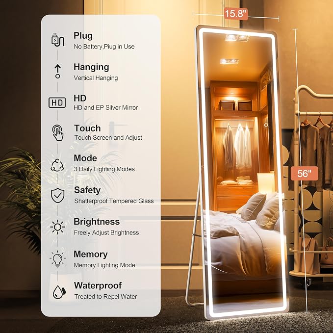 Full Length Mirror with Lights, 56" x 15.8" LED Lighted Floor Standing Body Mirror, Dimmable & 3 Color Lighting Cloakroom, Dressing Room, Tempered Glass, Rounded Corner White