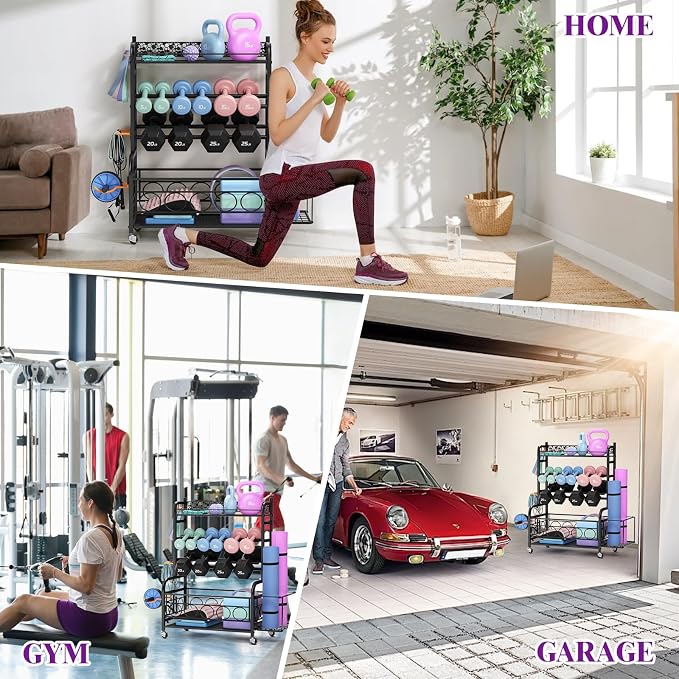 VOPEAK 3-Tier Dumbbell Rack with Wheels, Weight Rack for Home Gym Storage | Stores dumbbells, kettlebells & yoga mats. Lockable wheels for mobility. Sturdy steel frame, easy 15-min assembly